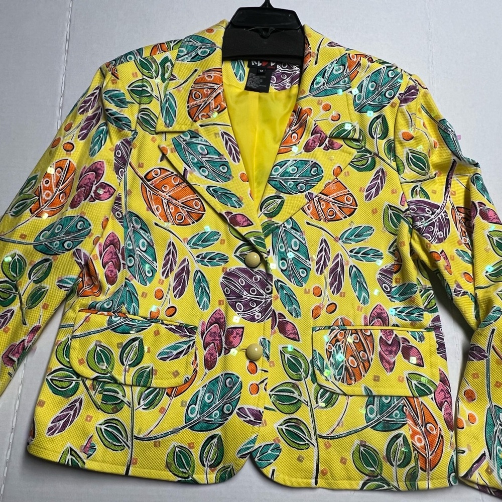 Vintage Redd Jeans Vibrant Yellow Leaf Sequins Print Women's Jacket Blazer Sz 12